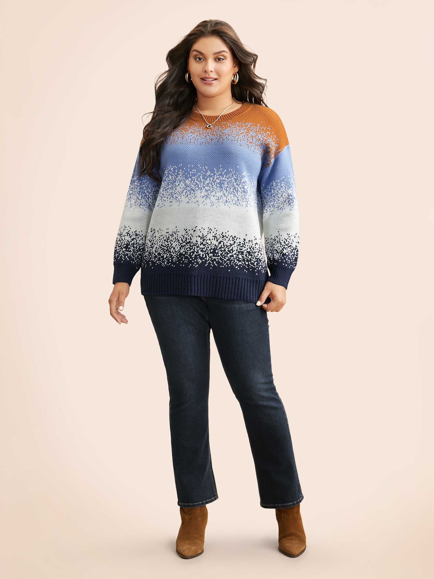 Gradient Dyeing Contrast Drop Shoulder Pullover