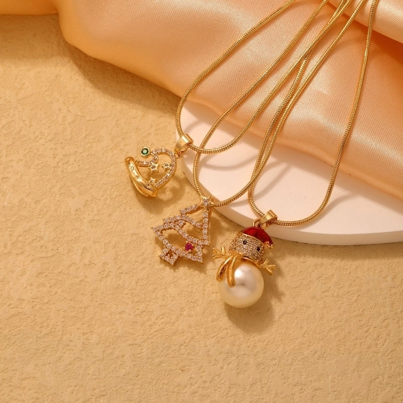 Stainless Steel Copper Plating Inlay Christmas Hat Christmas Tree Snowman Freshwater Pearl Zircon Pendant Necklace