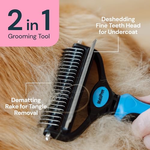 MalsiPree Dog Grooming Brush for Shedding - 2 in 1 Deshedding Tool and Undercoat Rake for Long and Short Haired Dogs with Double Coat - Dematting Comb and Pet Hair Deshedder Supplies (Large. Blue)