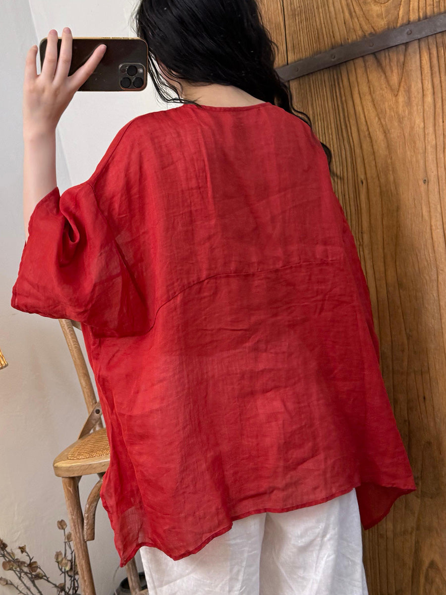 Women Summer Artsy Pure Color Ramie O-Neck Shirt