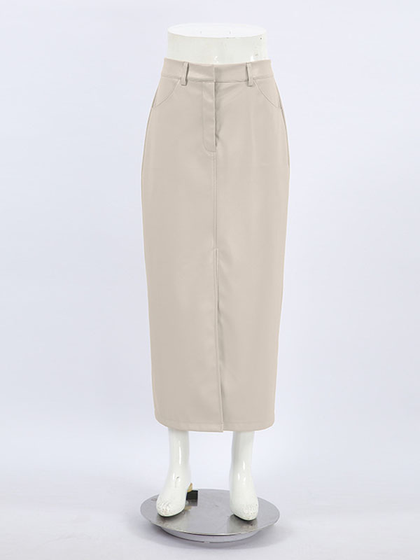 Skinny Wrap Pockets Solid Color Split-Front Zipper Skirts Bottoms
