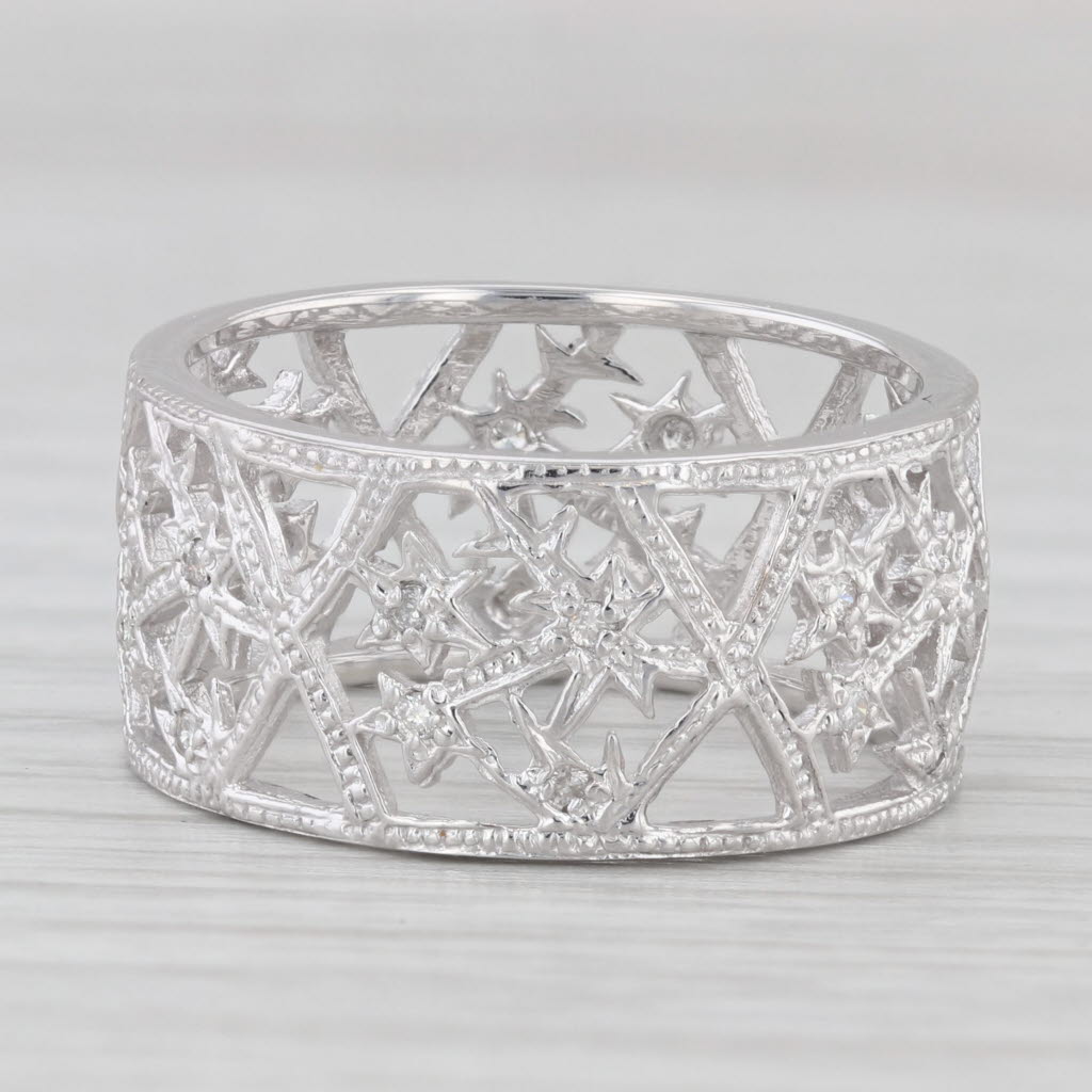 0.12ctw Diamond Stars Openwork Ring 14k White Gold Size 7.75 Band