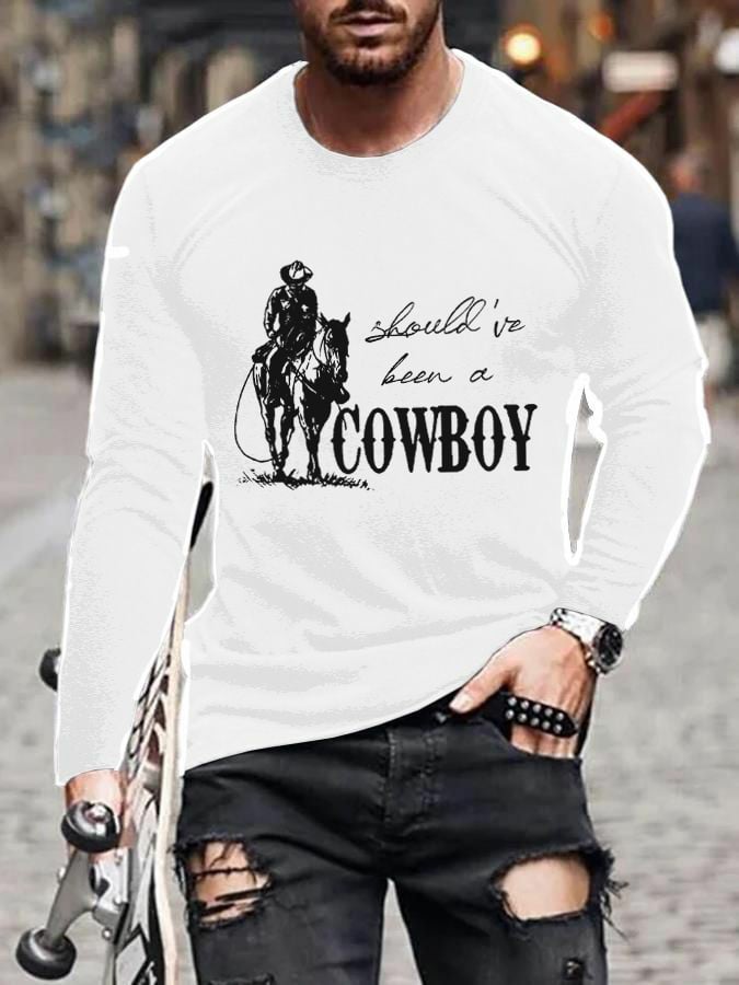 Men's Should've Been A Cowboy RIP Keith Country Music Print Casual Long Sleeve T-Shirt