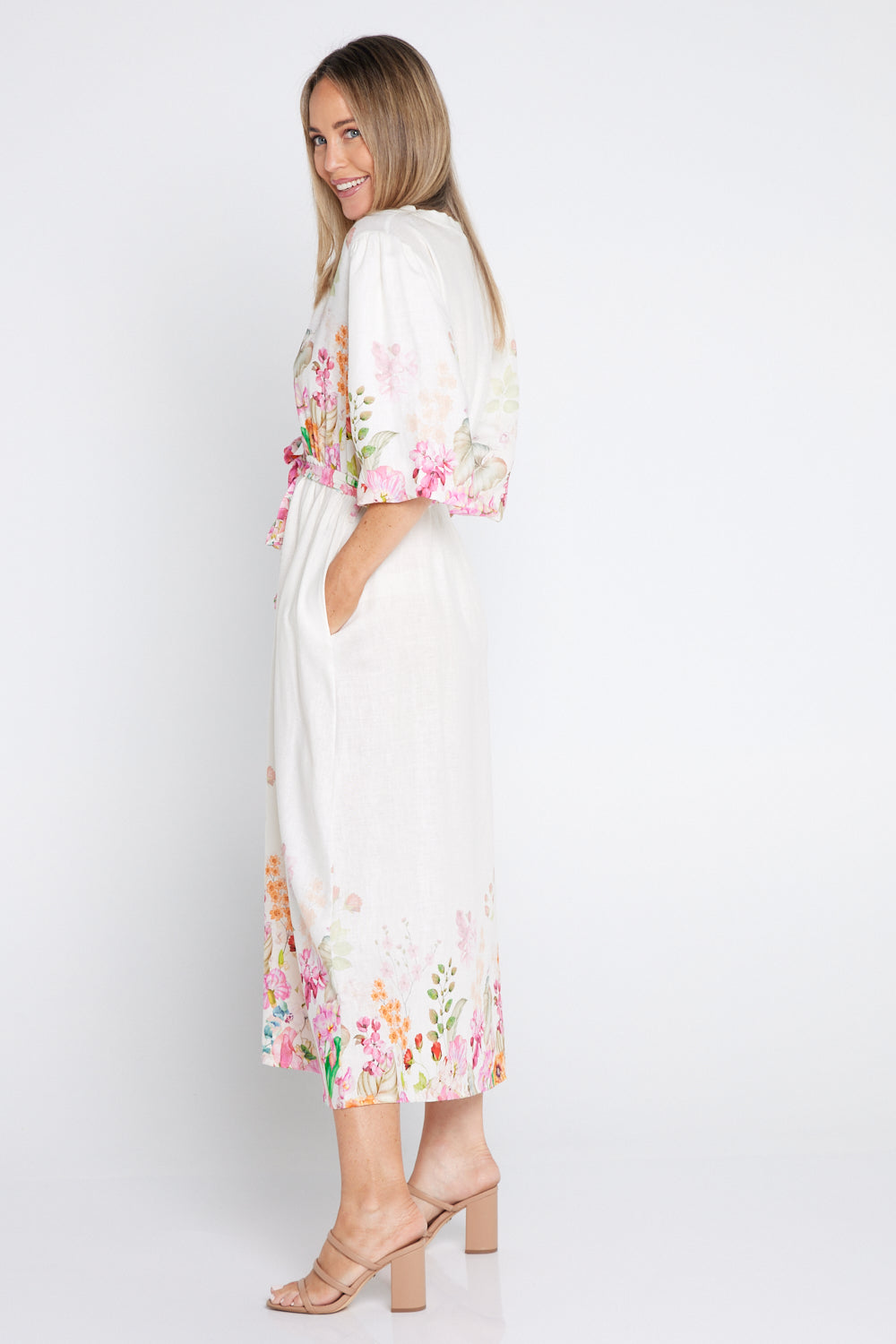 Springtime Garden Linen Dress - Cream/Floral