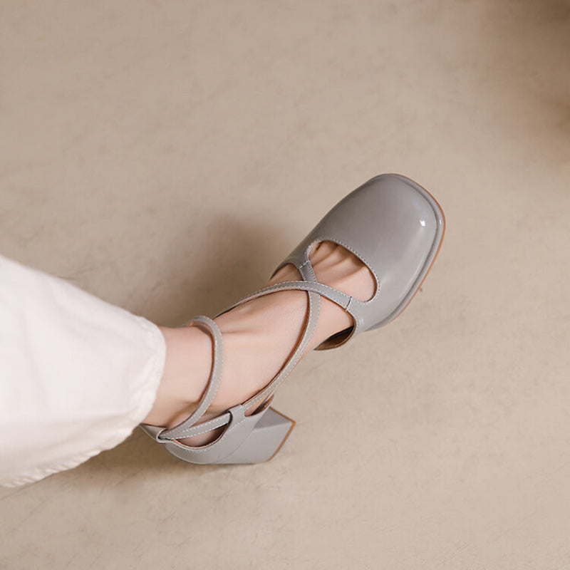 Handmade Leather Pumps Mid Heel Mary Jane Sandals Womens Round Toe Retro Sandals Black/Grey/Apricot