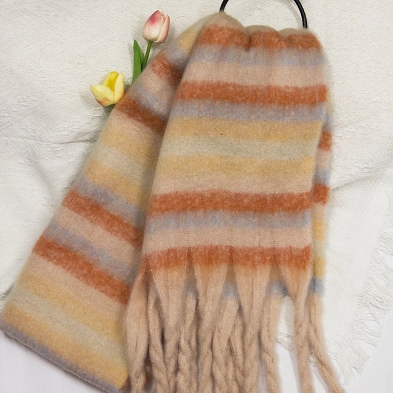 Latest Mohair Striped Tassel Scarf Fashion Geometric Gradient Shawl Versatile Thickened Scarf