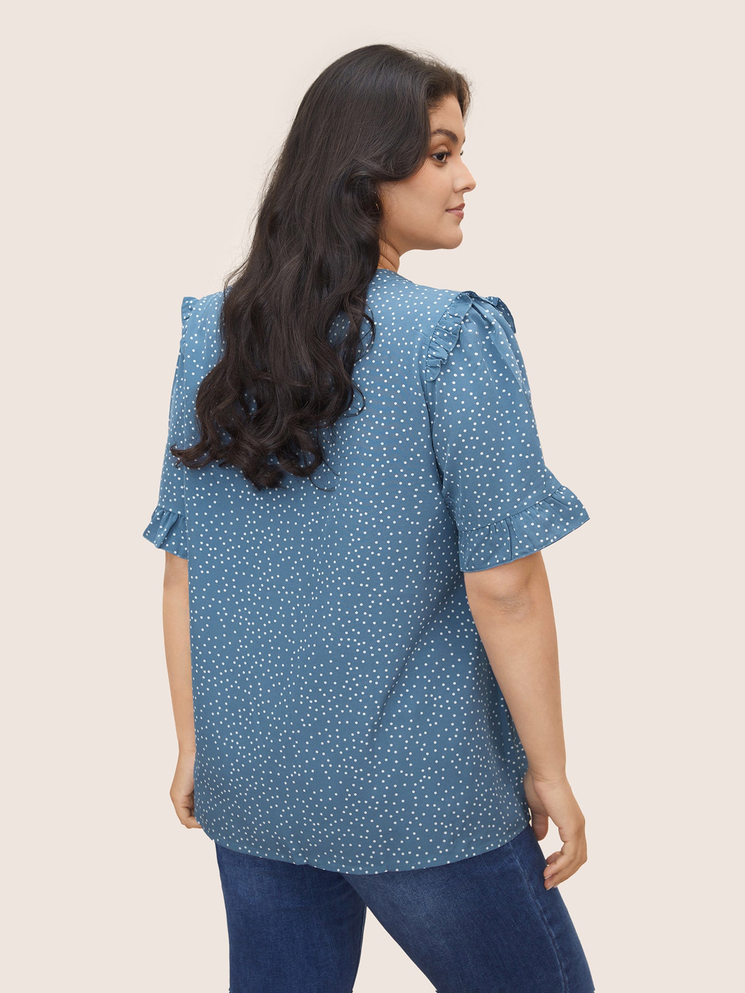 Polka Dot V Neck Ruffle Trim Blouse