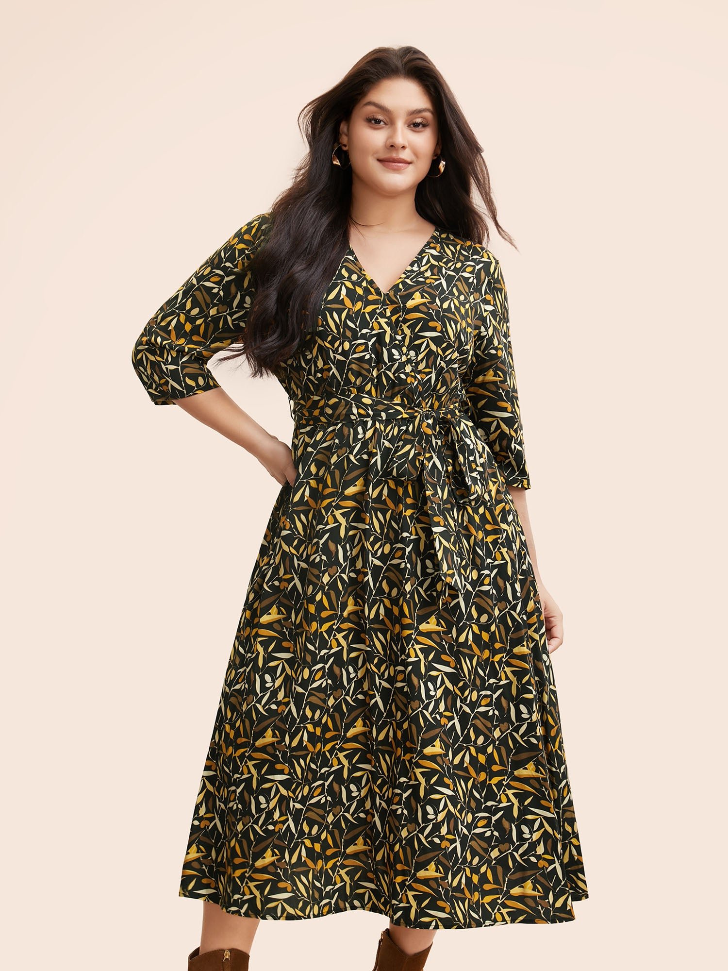 Plants Print Overlap Collar Midi Dress