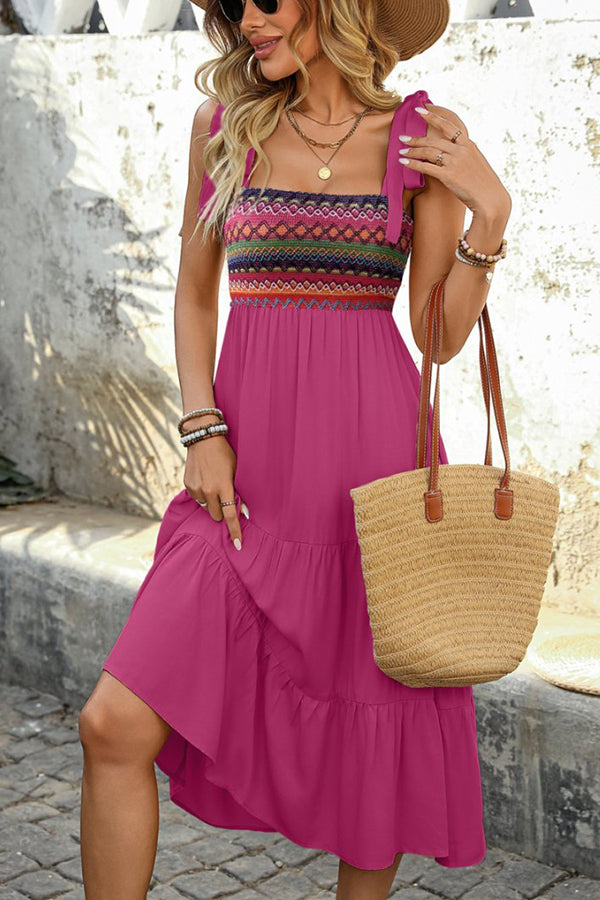 Bohemia Print Fashion Tie Shoulder Casual Dress