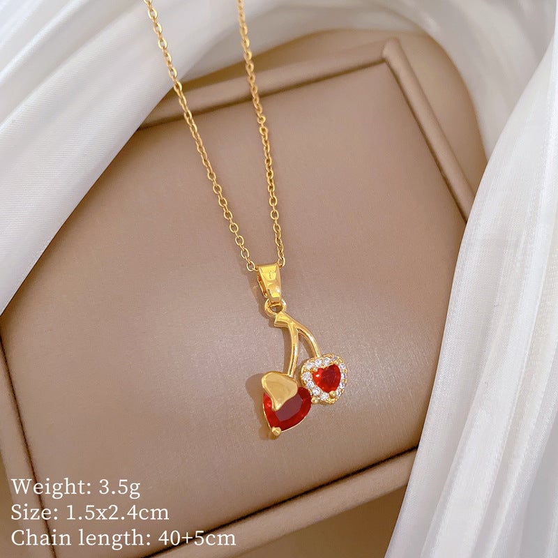 Love Cherry Full Diamond Fashion Gorgeous Full Diamond Necklace Women'S All-Match Clavicle Chain Titanium Steel
