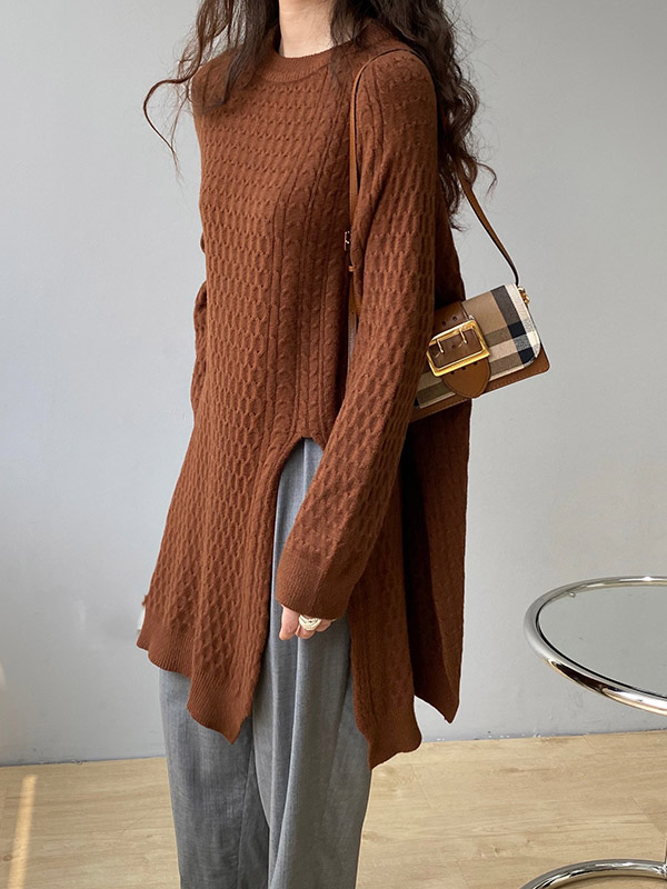Original Irregular 5 Colors Split-Side Round-Neck Long Sleeves Sweater Top