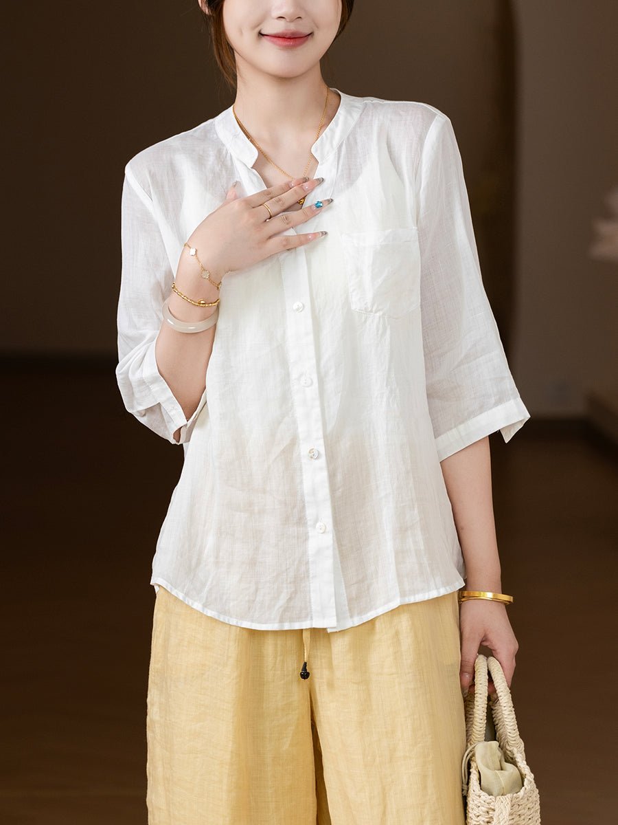 Women Summer Vintage Pure Color V-Neck 100%Ramie Shirt