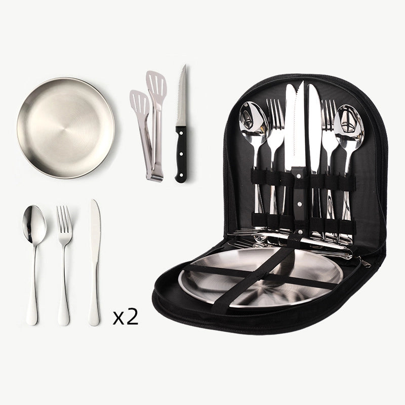 Outdoor Travel Stainless Steel Tableware Camping Picnic Barbecue Plate Clip Steak Knife. Fork And Spoon Suit Portable Storage Bag