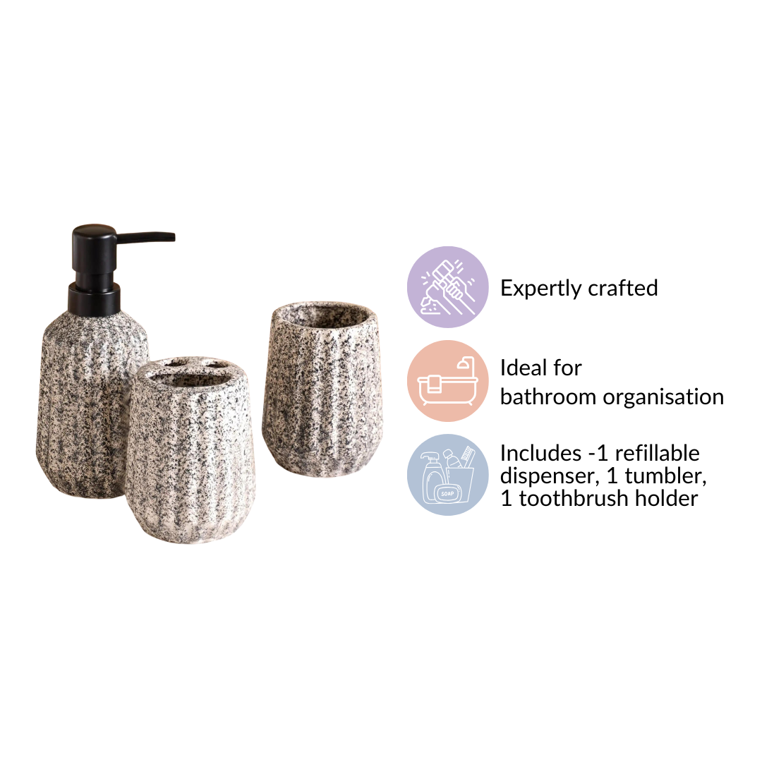 Granite Finish Ceramic Bathroom Set Of 3 Grey Matte Black