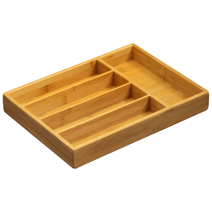 5 Compartment Bamboo Cutlery Tray. Kitchen Drawer Utensils Holder. Wooden Knife Fork Spoon Organizer Case