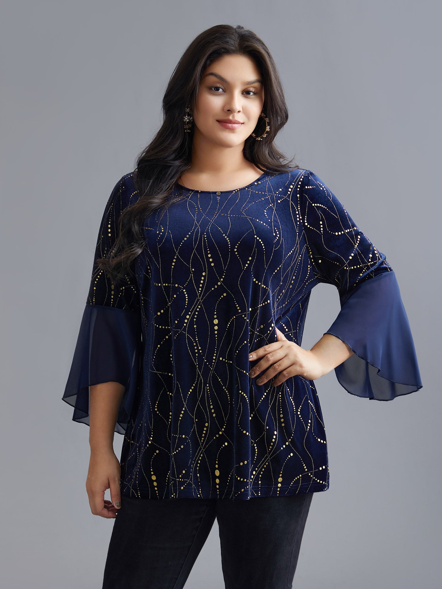 Velvet Glitter Mesh Bell Sleeve Patchwork Blouse