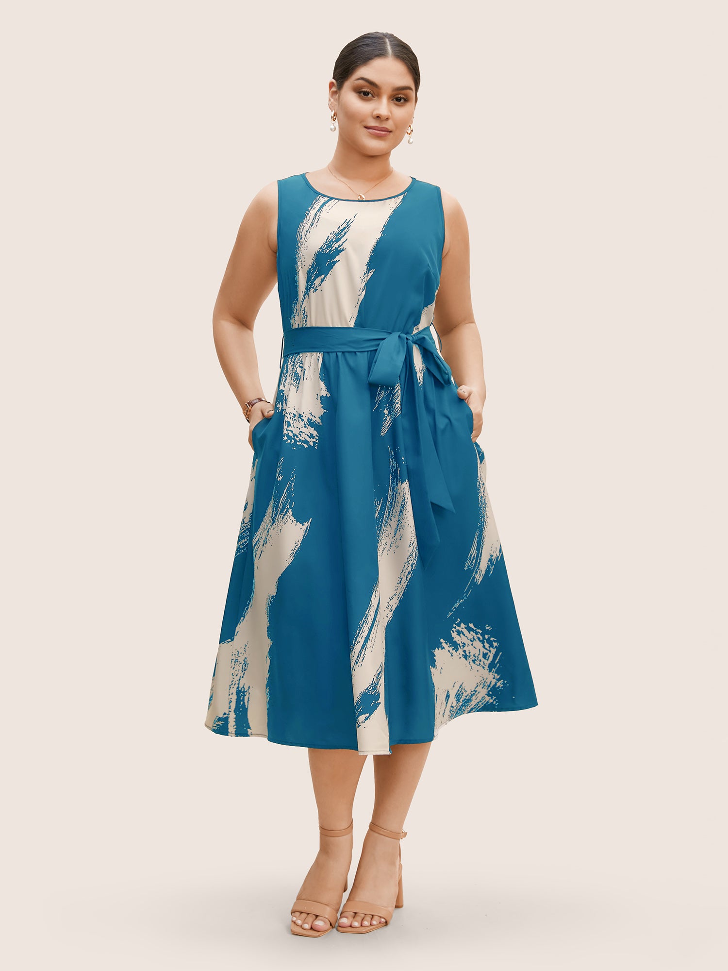 Marble Print Sleeveless Belted Midi Dress