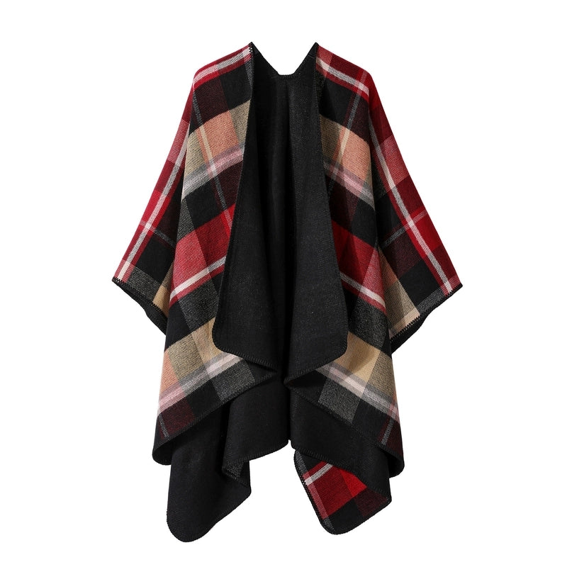 Winter Cashmere Double-sided Plaid Shawl Women's Outer Cape Increased Thickness Warm Knitted Scarf Spot