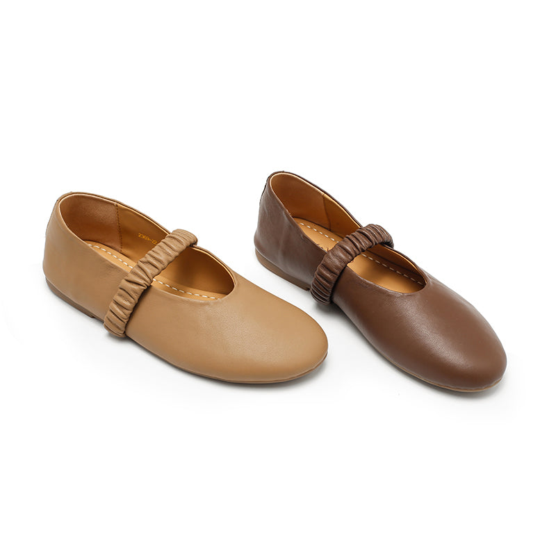 Casual Soft Sheepskin Mary Jane Flats with Elastic Strap in Khaki/Deep Brown/White/Black