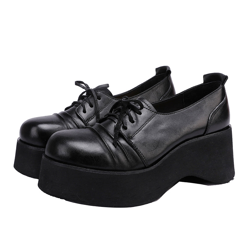 British Style 60mm Horse Leather Chunky Heel Lace-up Platform Oxford Shoes in Black/Coffee