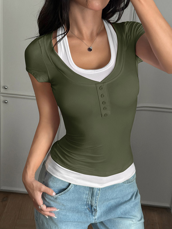 False Two Short Sleeves Buttoned Contrast Color Halter-Neck T-Shirts Tops