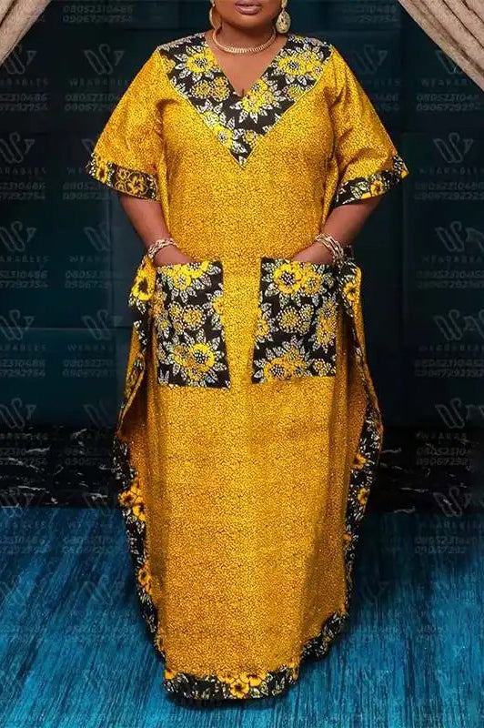 Vintage V-Neck Short Sleeve Printed Fashion Casual Pockets Loose Maxi Dress