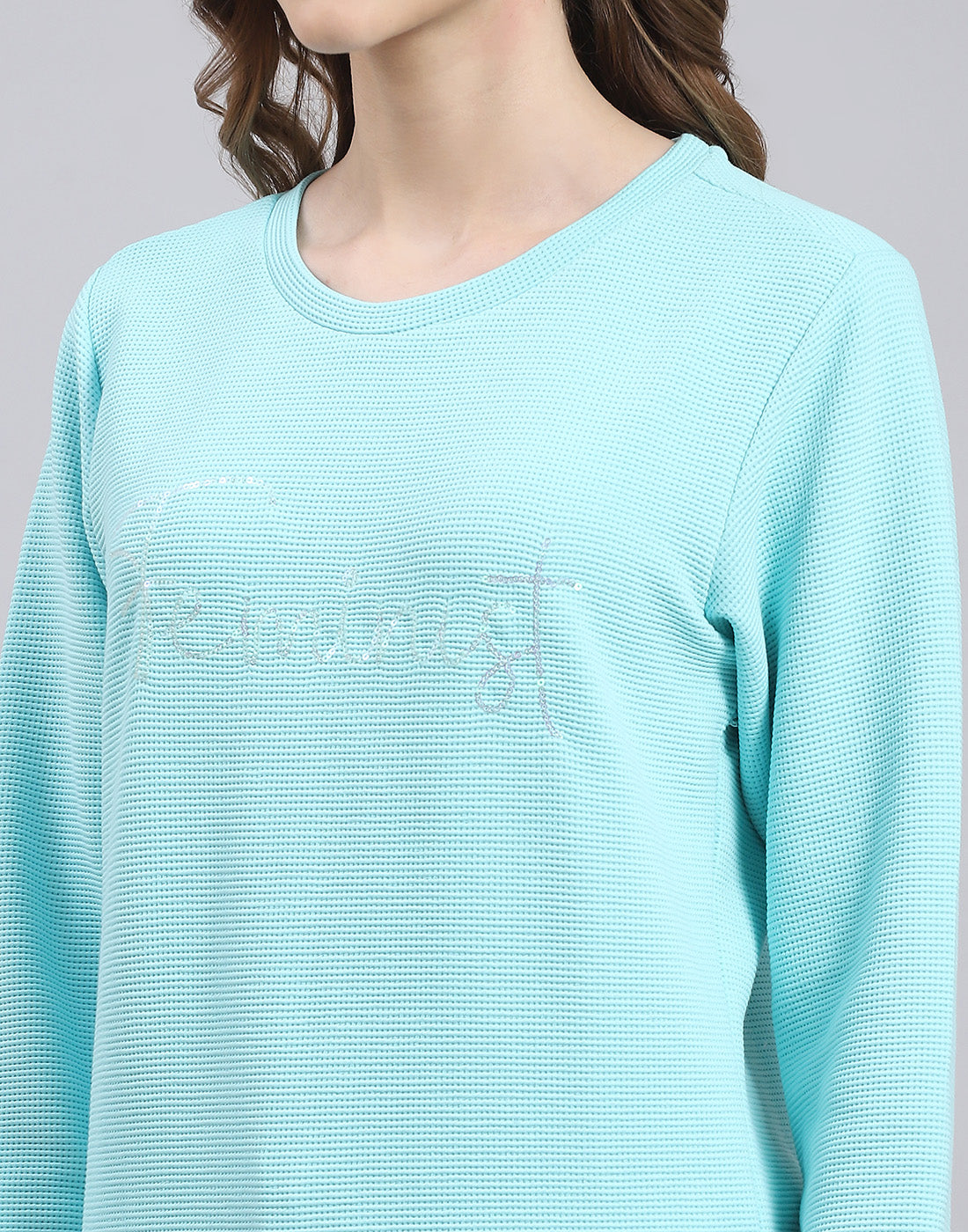 Women Blue Self Design Round Neck Full Sleeve Sweatshirt