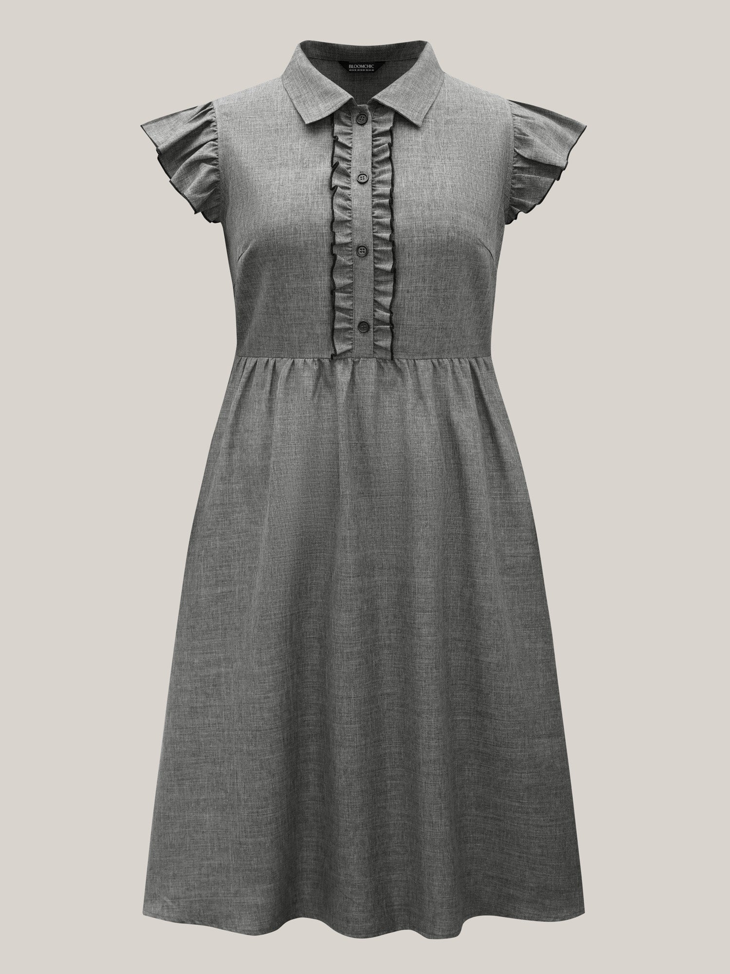 Ruffled Trim Shirt Collar Flared Midi Dress