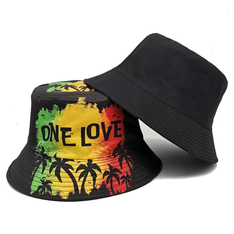 Unisex Retro Letter Coconut Tree Printing Wide Eaves Bucket Hat