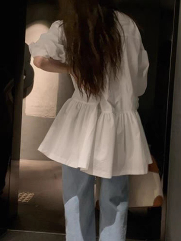 A-Line Long Sleeves Buttoned Pleated Solid Color Lapel Mini Dresses Shirt Dress