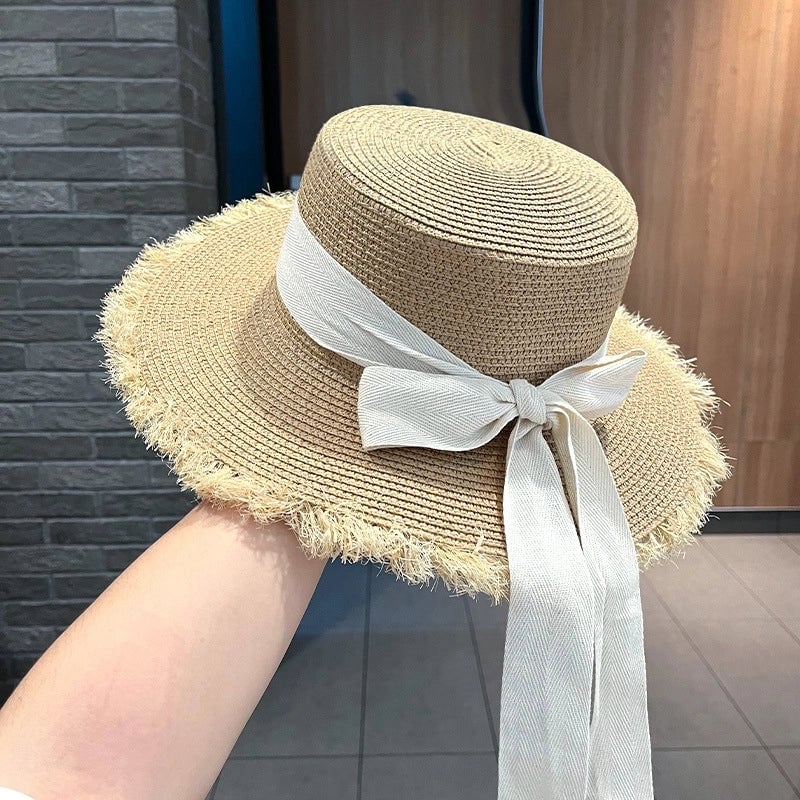 Women's Sweet Pastoral Solid Color Bowknot Wide Eaves Straw Hat