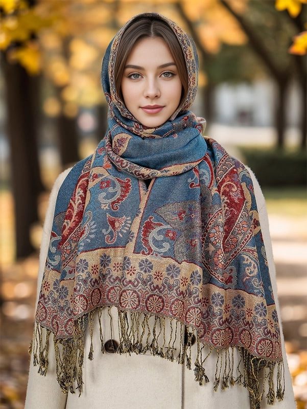 Women's Retro Streetwear Totem Color Block Polyester Tassel Scarf