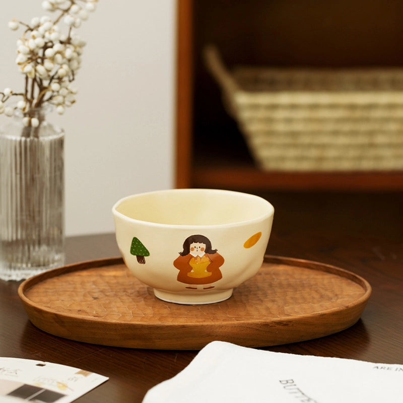 Vintage Girl's Dinner Plate Cute Plate Household Ceramic Plate Cartoon Plate Rice Bowl Small Bowl Mug With Lid