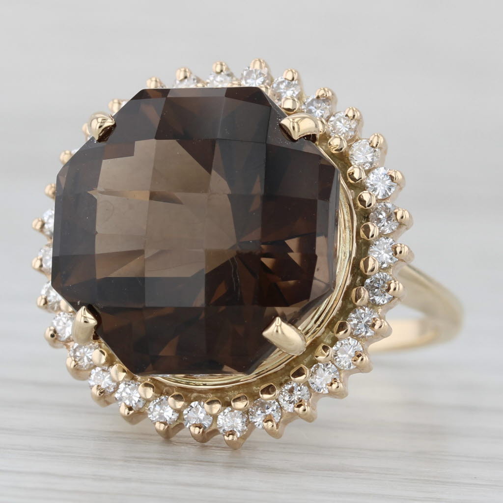 18.4ctw Smoky Quartz Diamond Halo Ring 14k Yellow Gold Size 7 Cocktail