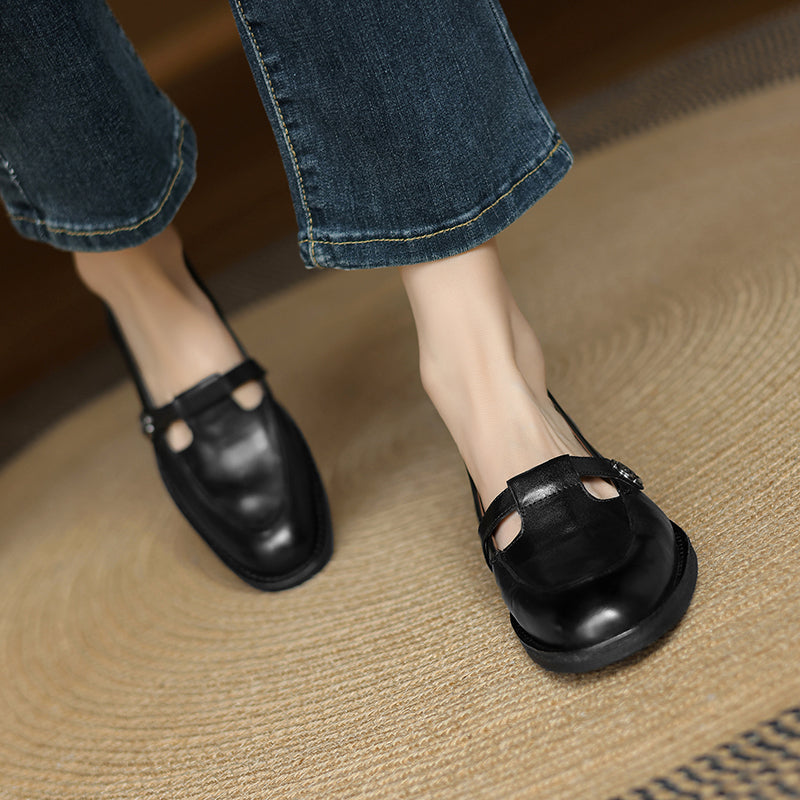 Vintage French-Style Mary Jane Leather Shoes with Metal Camellia Detail in Black/Coffee/Grey
