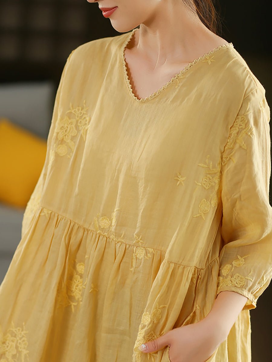 Women Summer Artsy Embroidery O-Neck 100%Ramie Dress