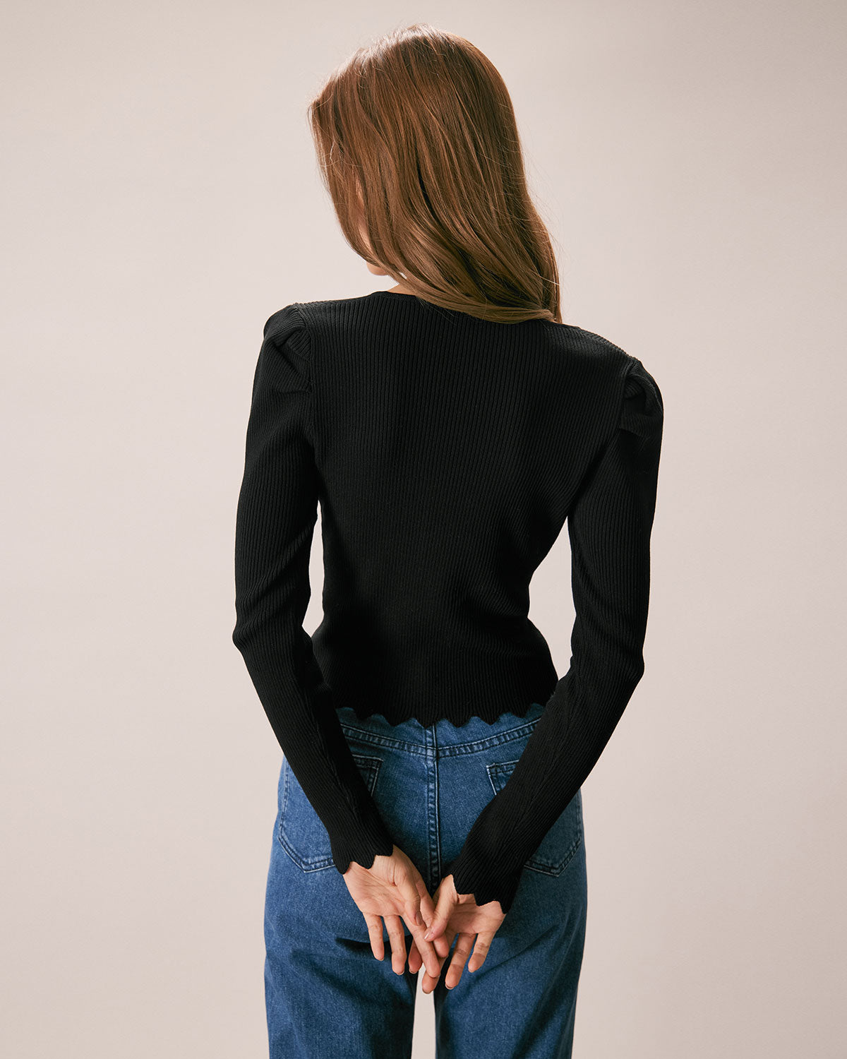 The Black V Neck Pearl Button Knit Top