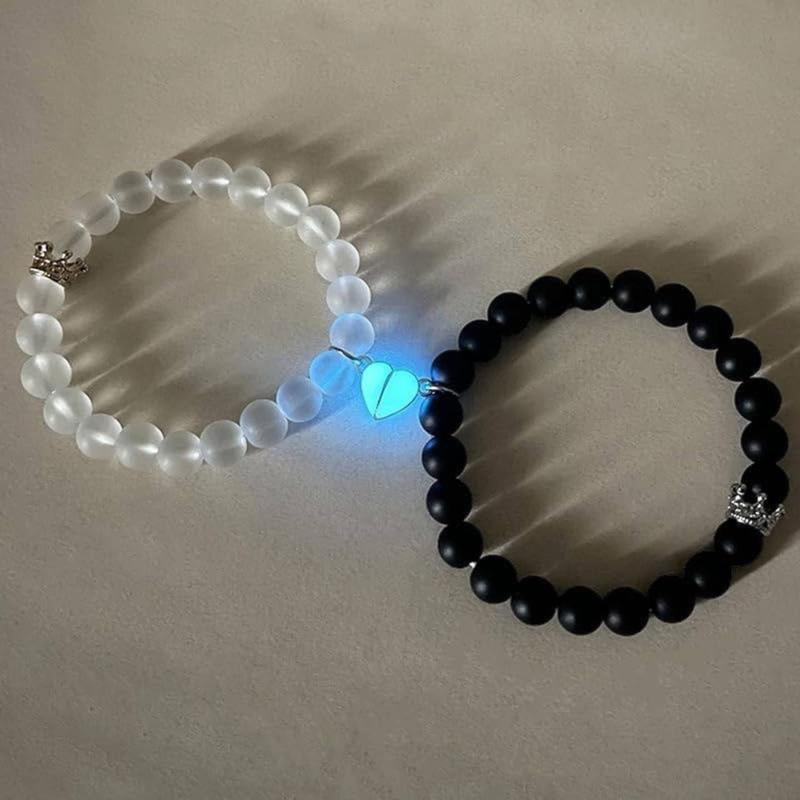 Couple's Light Up Beaded Bracelet with Crown and Heart - Set of 2