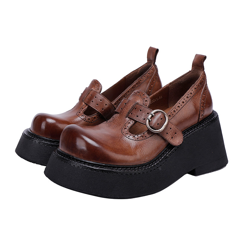 Brogue T-Strap 52mm Washed Cowhide Platform Mary Jane Shoes in Black/Coffee