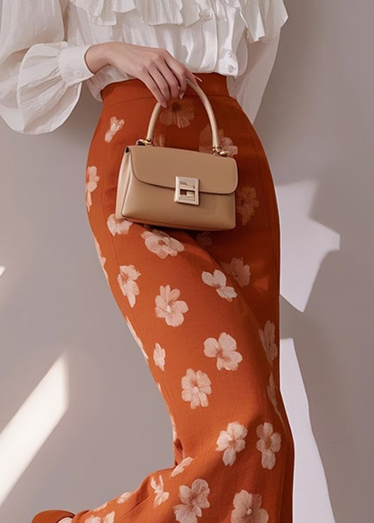 Slim Fit Orange Print High Waist Cotton Skirts Summer