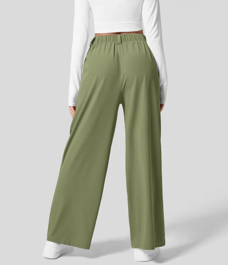 High Waisted Plicated Side Pocket Wide Leg Waffle Work Pants