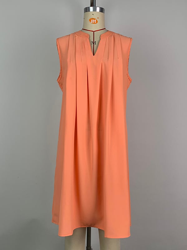 Loose Sleeveless Pleated Solid Color V-neck Mini Dresses