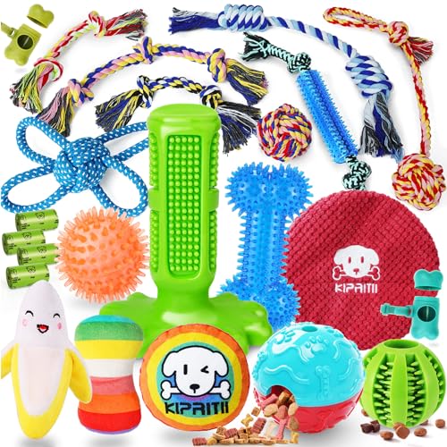 KIPRITII Dog Chew Toys for Puppy - 23 Pack Puppies Teething Chew Toys for Boredom. Pet Dog Toothbrush Chew Toys with Rope Toys. Treat Balls and Dog Squeaky Toy for Puppy and Small Dogs