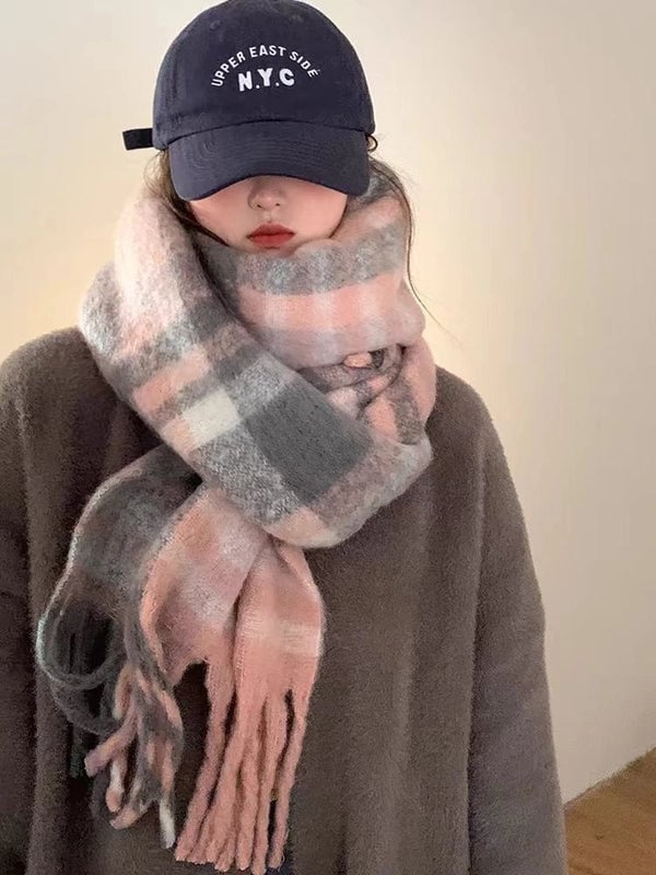 Plaid Tassel Mohair Scarf Women's Spring Students Travel Fashionable Sticker Casual Scarf