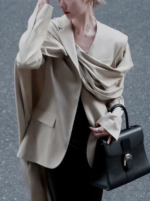 Long Sleeves Loose Pockets Solid Color Split-Joint Notched Collar Blazer Outerwear