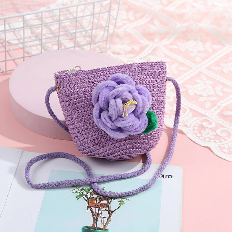 Women's Small Straw Solid Color Flower Vacation Beach Weave Round Zipper Straw Bag