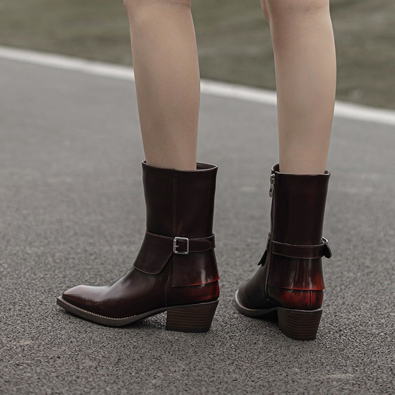 Western Boots Mid Calf Boots Block Heel - Black/Red Cowgirl Boots All Genuine Leather