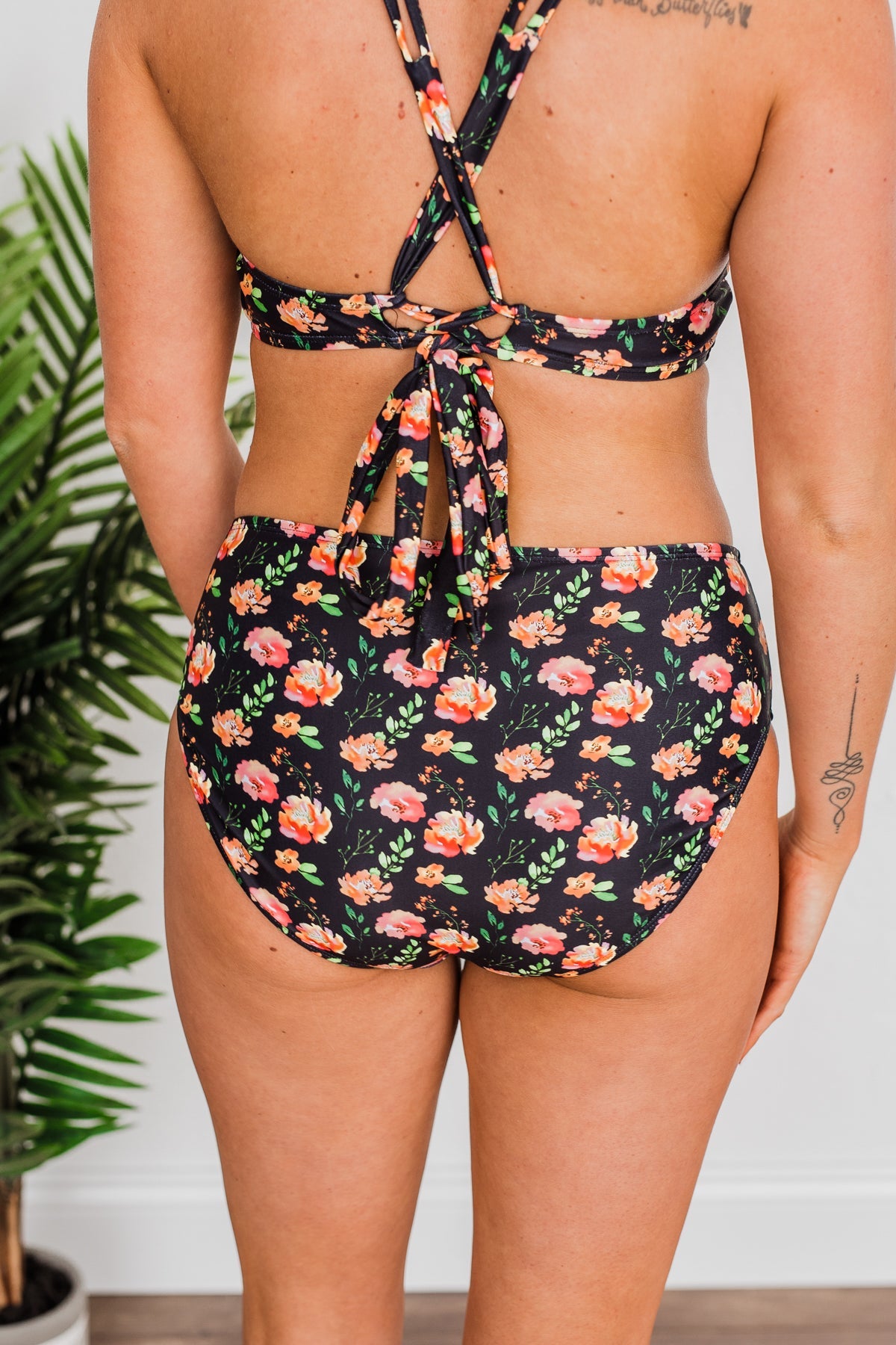 Bask In The Sun Mid-Rise Swim Bottoms- Black & Orange Floral