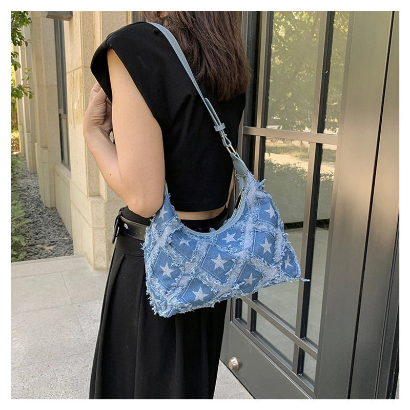 Women's Small Denim Star Streetwear Zipper Underarm Bag