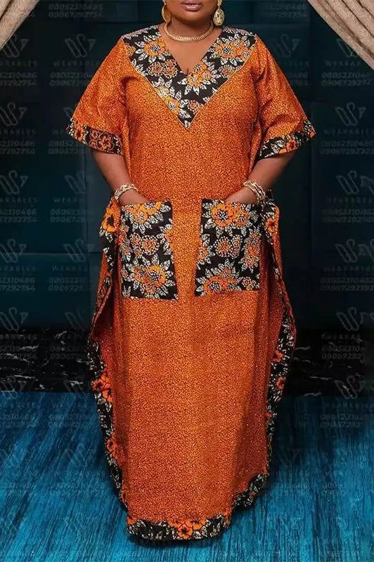 Vintage V-Neck Short Sleeve Printed Fashion Casual Pockets Loose Maxi Dress
